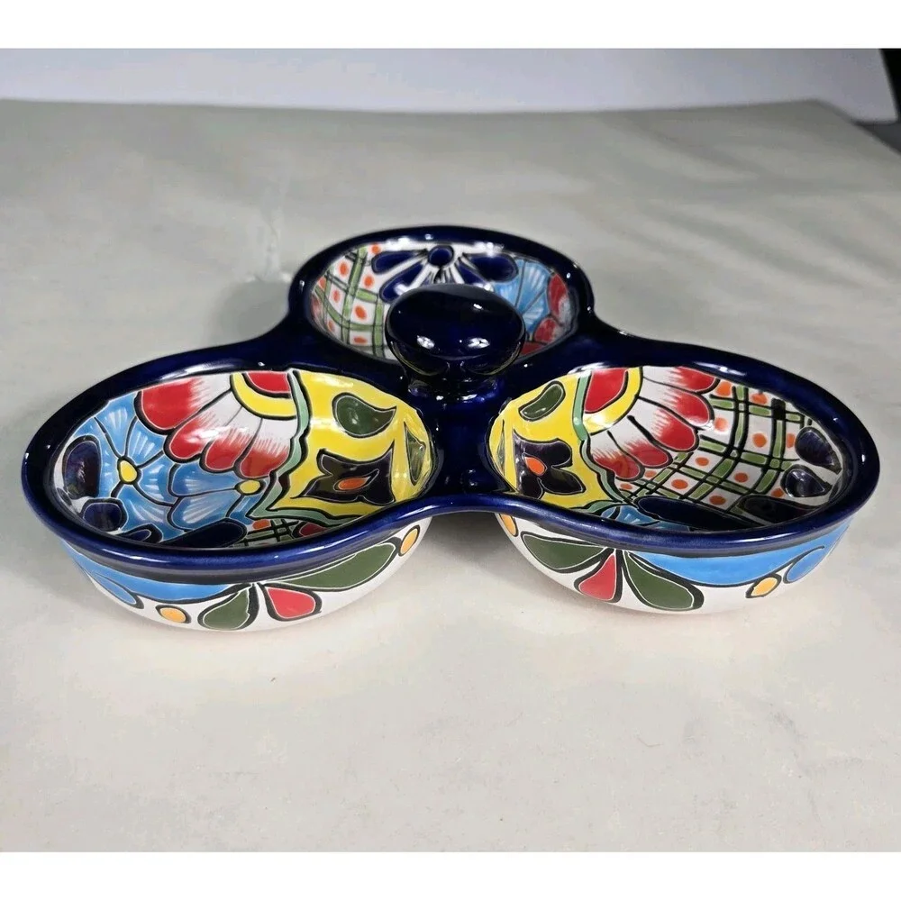 Mexican Talavera Salsera Dip/Chip Bowl Lead Free 1.5x9.5x9.5 Inches Colorful Art